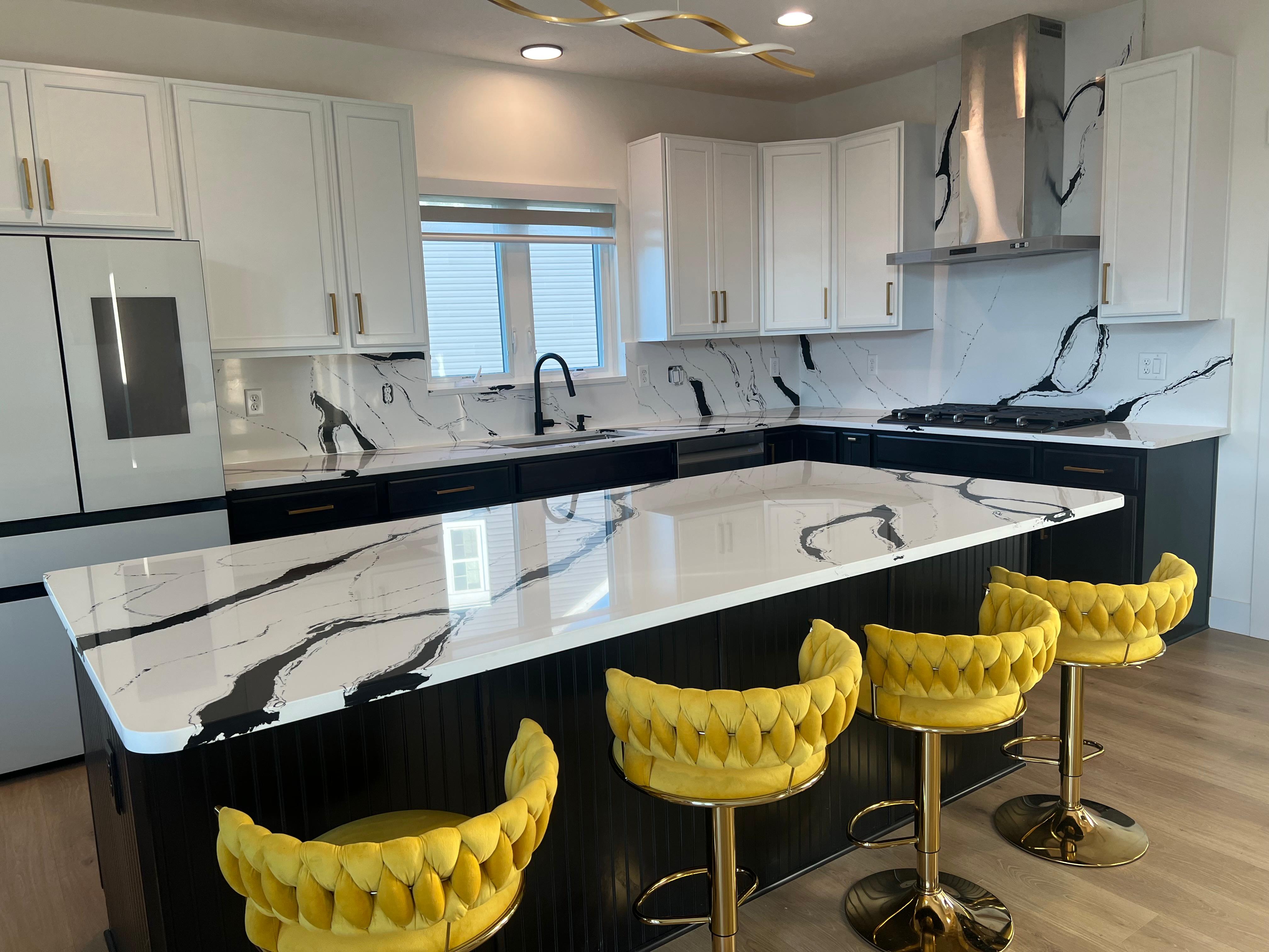 Modern L-shaped modular kitchen with white cabinets